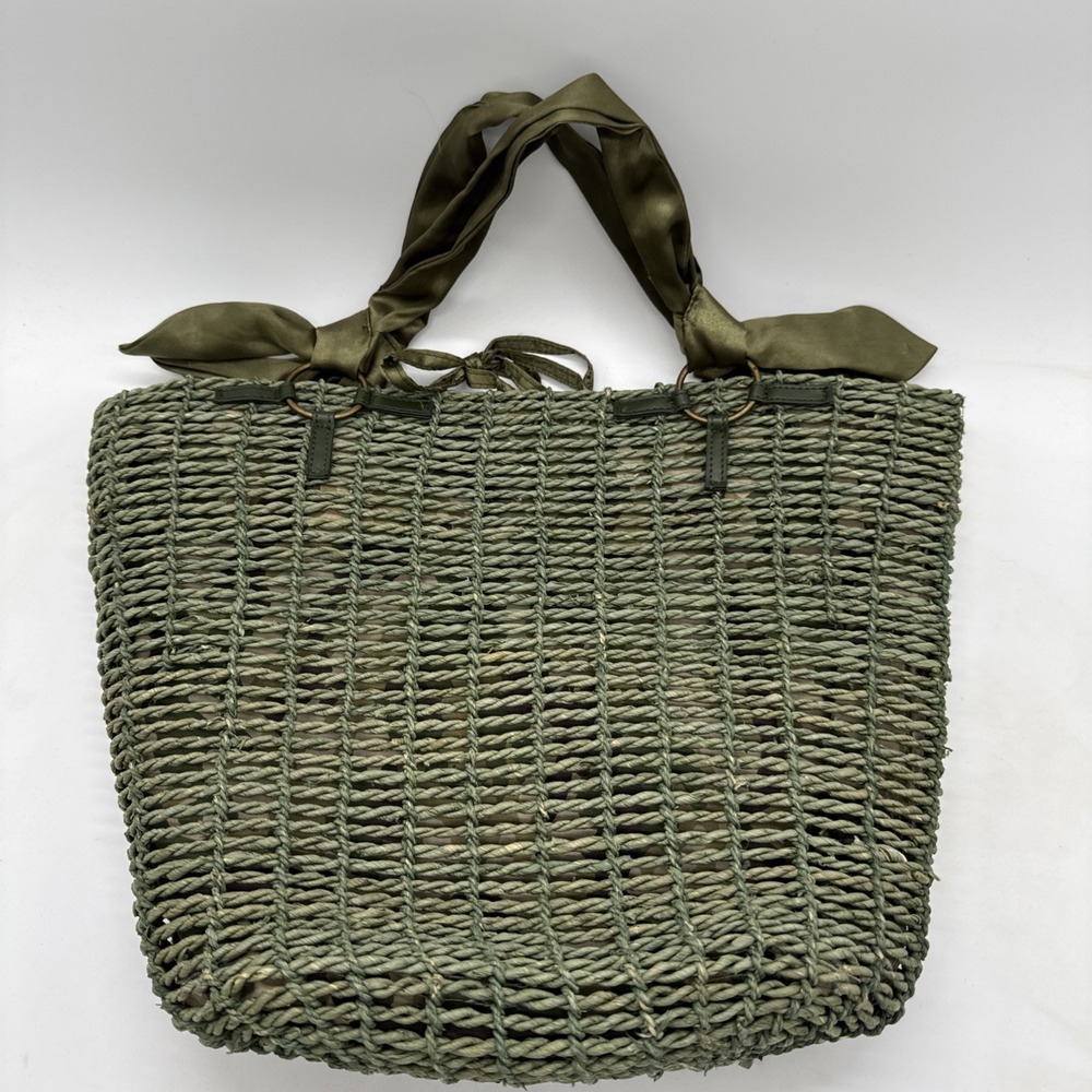 REEF Camo Lined & Olive Green Satin Trim Cornhusk Beach Shoulder BAG Straw TOTE‎